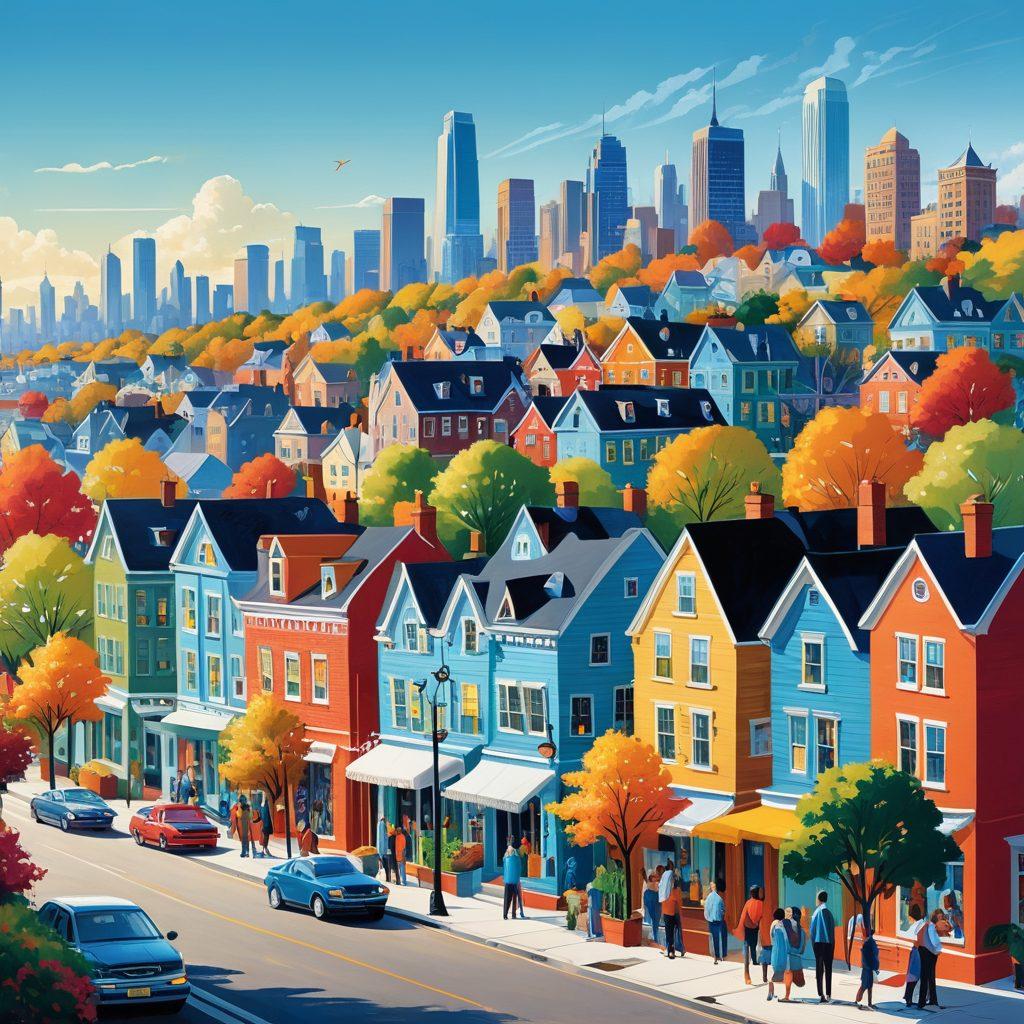 A dynamic market scene with diverse first-time investors examining houses and discussing strategies with a financial advisor, surrounded by for-sale signs and market charts. The background showcases iconic homes and a city skyline under a bright blue sky symbolizing opportunity. Emphasize excitement and collaboration in the atmosphere. vibrant colors. modern illustration.