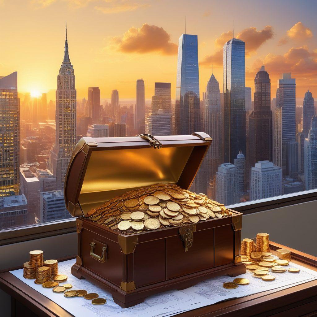 An opened treasure chest overflowing with gold coins and keys, set on a scale balancing a house and a tall skyscraper. Around the chest, scattered blueprints and financial graphs are visible, symbolizing smart investments. The background features a skyline with a sun setting, casting warm light on the scene. Intricate details highlight the contrast between residential and commercial real estate. vibrant colors. super-realistic.